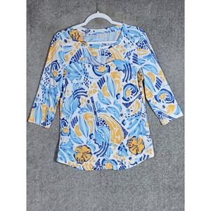 Palm Grove Top Womens Size Medium Floral Ribbed Knit‎ 3/4 Sleeve Chest Cut Out